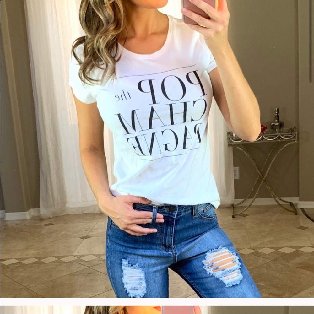 Tiff + Jen Pop the Champagne White Tee Shirt Large